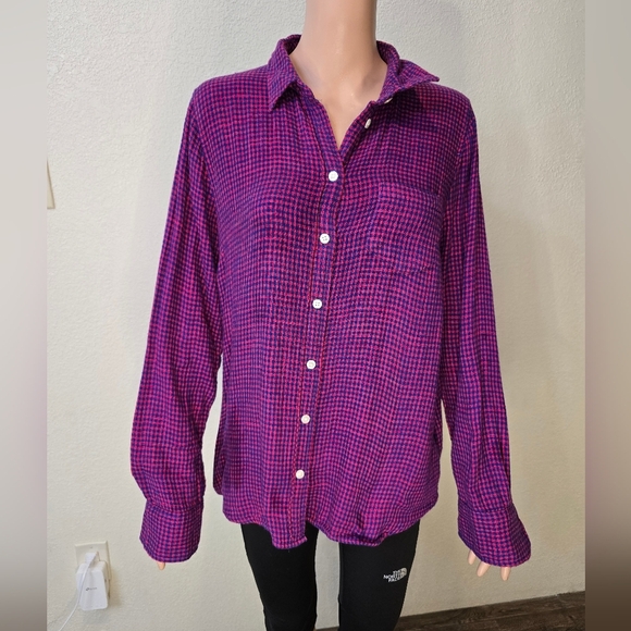 J.Crew Boy FitWomens perfect Shirt Blouse Button Down Purple Pink Plaid M Medium - Picture 7 of 8